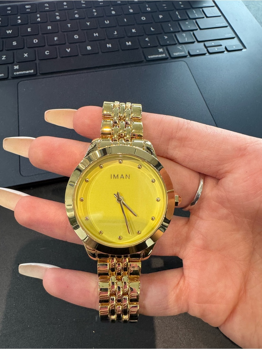 New IMAN Global Chic Gold-Tone Minimalist Yellow Dial Bracelet Watch